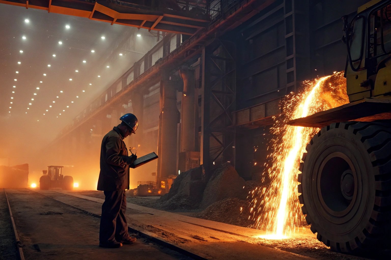 Engineer observing the metal casting process in a foundry with glowing molten metal.